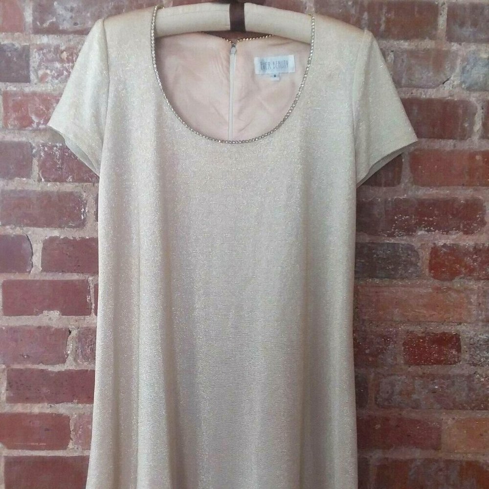 EVER BEAUTY Gold Embellished Short Sleeve A-Line Shift Stretch Dress Women 8